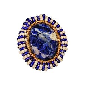 Vintage 1980’s hand crafted Sodalite oval pearl and blue glass beaded brooch